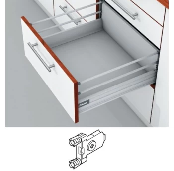 Blum Tandembox stalčius su šv. pritraukimo funkcija, H-204mm su 2 kartelėmis, su gręžiamu fasado laikikliu baltas 400mm