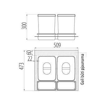 Šiukšliadėžė pastatoma į stalčių (2 kibirų) 2x15L+2 indeliai